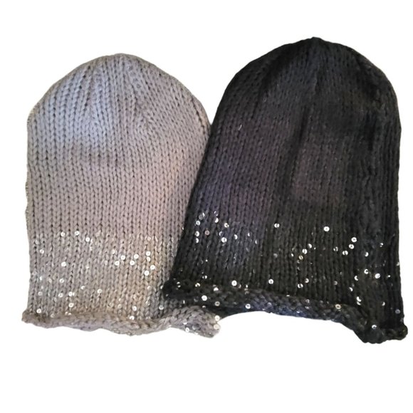 Mossimo Knit Beanies Hats Black and Grey Sequin Accent DH390 - Picture 3 of 3